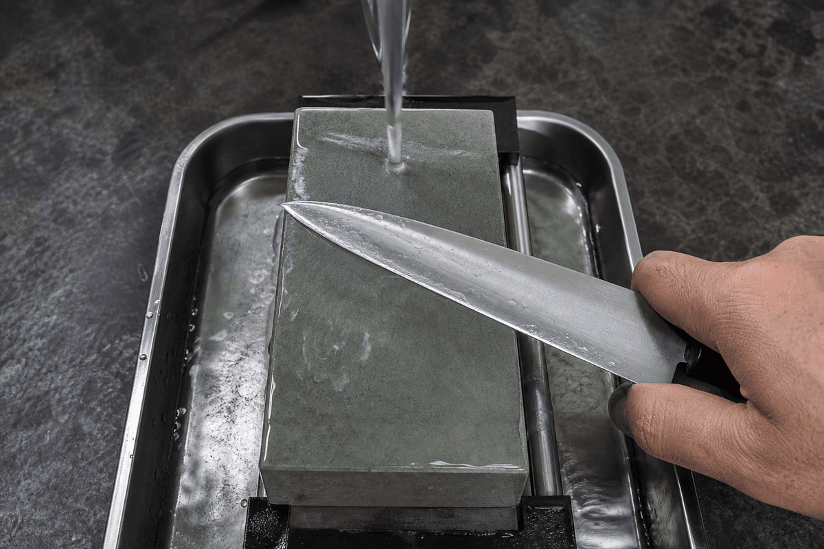 Sharpening a petty knife with a whetstone.