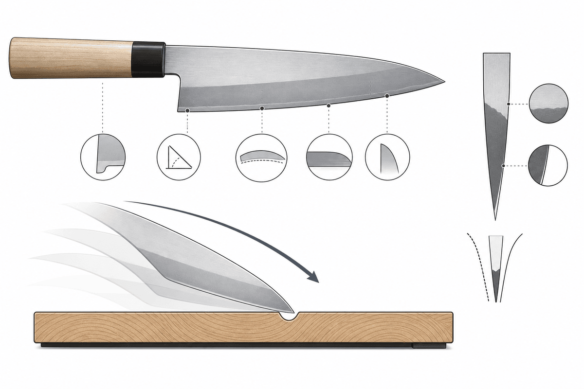 Blade geometry and cutting contact in a petty knife.