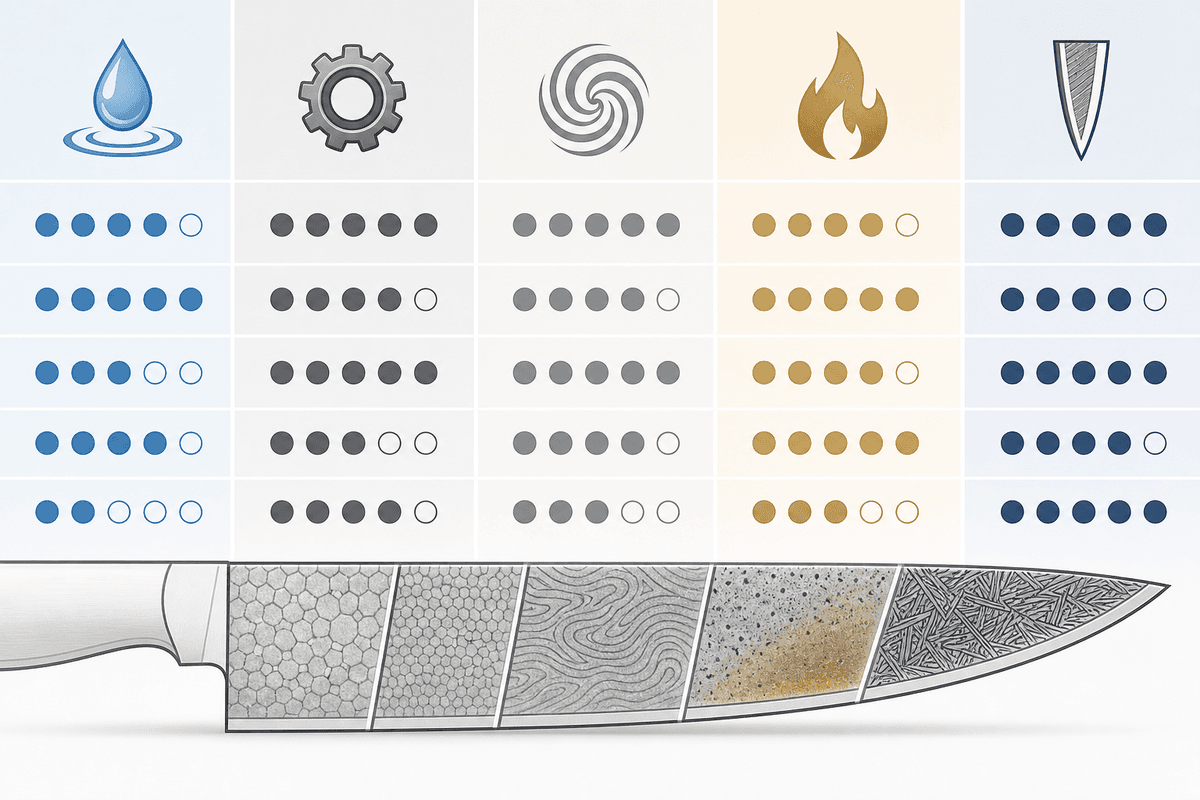 Conceptual infographic of features used to compare Japanese knife brands.
