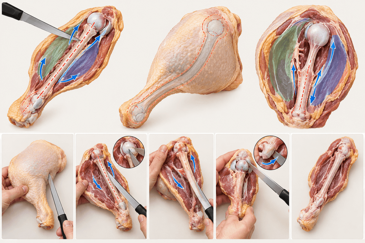 Diagram of honesuki/boning technique for cutting along bone and joint lines in poultry.