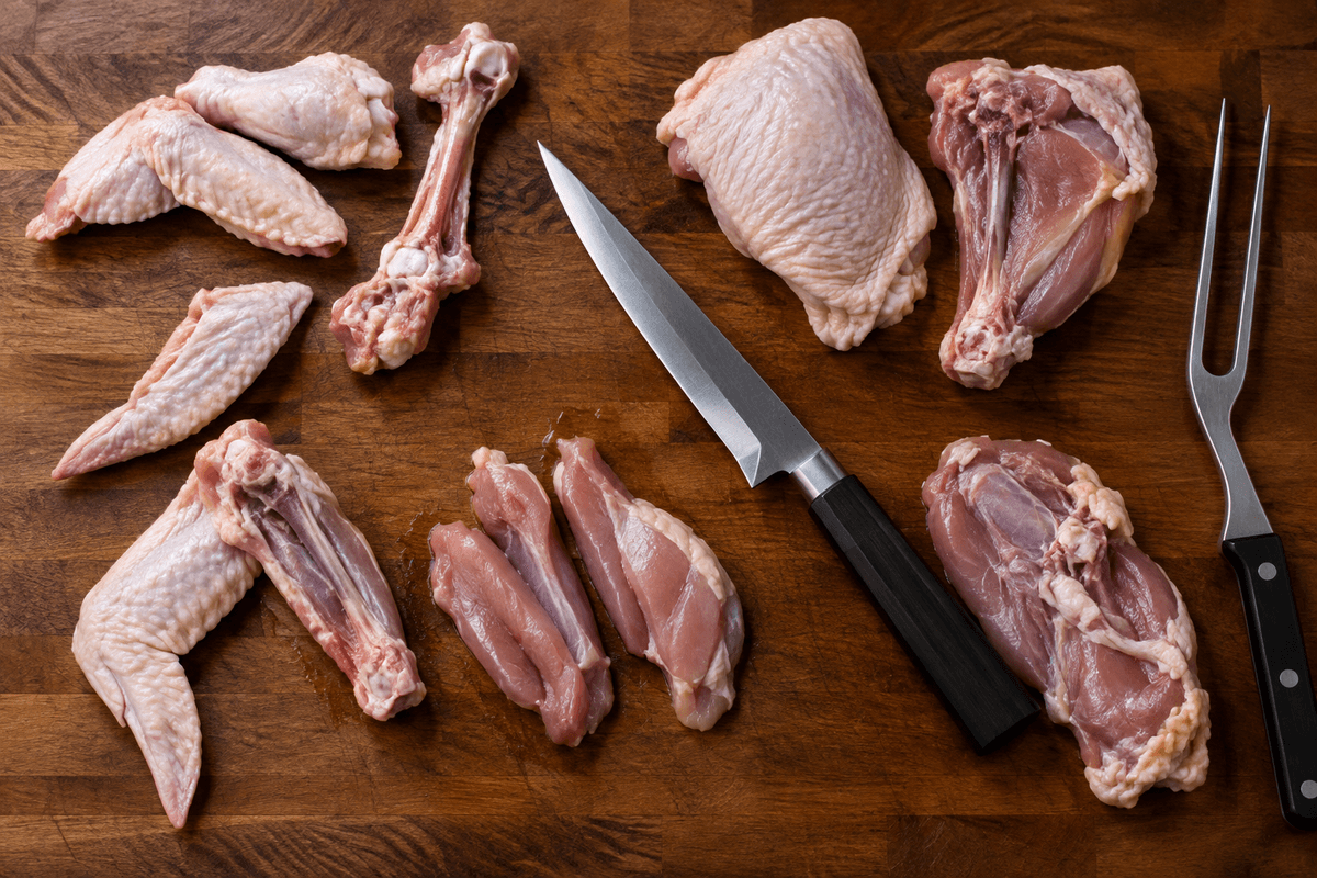 Prepared poultry cuts illustrating clean separation around bones using a honesuki-style knife.