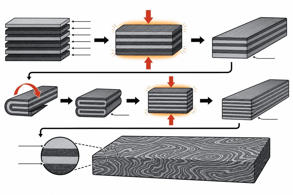 Schéma de principe de la structure multicouche de l’acier damassé.
