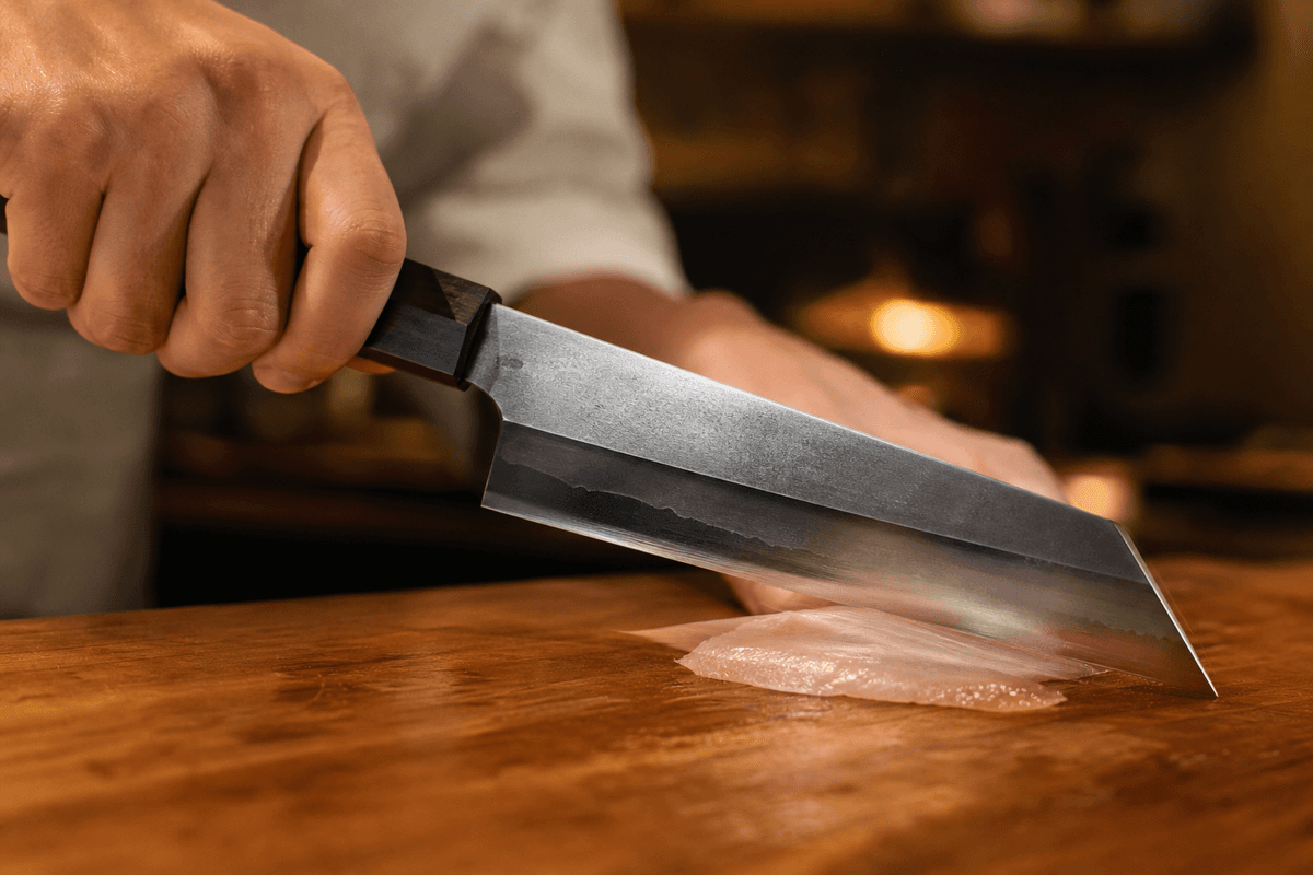 Macro visual of the kiritsuke slice-and-draw motion on a cutting board.